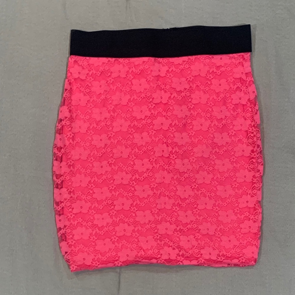 Neon Pink Lace Mini Skirt with Black Elastic Band